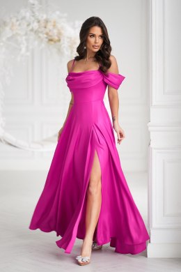 ELEGANCKA SUKNIENKA Z DRAPOWANIEM, ROZCIĘCIEM I BŁYSZCZĄCĄ TKANINĄ - fuksja