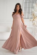 ELEGANCKA SUKNIENKA Z DRAPOWANIEM, ROZCIĘCIEM I BŁYSZCZĄCĄ TKANINĄ - CAMEL