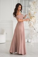 ELEGANCKA SUKNIENKA Z DRAPOWANIEM, ROZCIĘCIEM I BŁYSZCZĄCĄ TKANINĄ - CAMEL