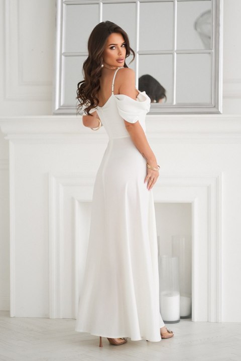 ELEGANCKA SUKNIENKA Z DRAPOWANIEM, ROZCIĘCIEM I BŁYSZCZĄCĄ TKANINĄ - Ecru ELEGANCKA SUKNIENKA Z DRAPOWANIEM, ROZCIĘCIEM I BŁYSZCZĄCĄ TKANINĄ - Ecru