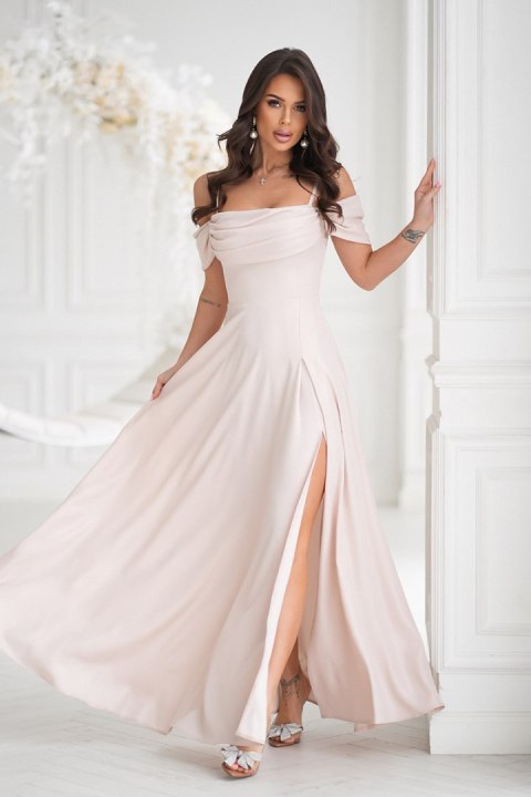 ELEGANCKA SUKNIENKA Z DRAPOWANIEM, ROZCIĘCIEM I BŁYSZCZĄCĄ TKANINĄ - beżowy ELEGANCKA SUKNIENKA Z DRAPOWANIEM, ROZCIĘCIEM I BŁYSZCZĄCĄ TKANINĄ - beżowy