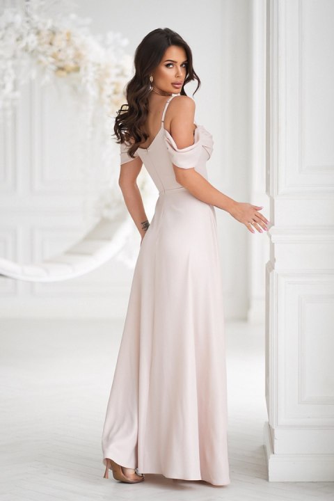 ELEGANCKA SUKNIENKA Z DRAPOWANIEM, ROZCIĘCIEM I BŁYSZCZĄCĄ TKANINĄ - beżowy ELEGANCKA SUKNIENKA Z DRAPOWANIEM, ROZCIĘCIEM I BŁYSZCZĄCĄ TKANINĄ - beżowy