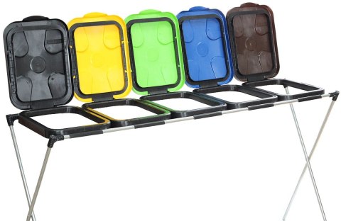 STOJAK DO SEGREGACJI ODPADÓW (5-STANOWISKOWY) NIEBIESKI, ZIELONY, BRĄZOWY, ŻÓŁTY, CZARNY - DREWMET