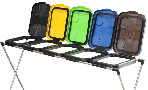 STOJAK DO SEGREGACJI ODPADÓW (5-STANOWISKOWY) NIEBIESKI, ZIELONY, BRĄZOWY, ŻÓŁTY, CZARNY - DREWMET