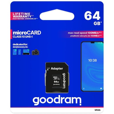 GOODRAM KARTA PAMIĘCI MICROSD 64GB CL10 UHS I + ADAPTER GOODRAM KARTA PAMIĘCI MICROSD 64GB CL10 UHS I + ADAPTER
