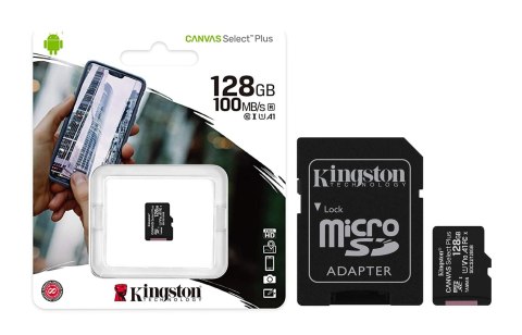 KINGSTON KARTA PAMIĘCI MICROSD 128GB CANvAS SELECT PLUS 100MB/S ADAPTER KINGSTON KARTA PAMIĘCI MICROSD 128GB CANvAS SELECT PLUS 100MB/S ADAPTER