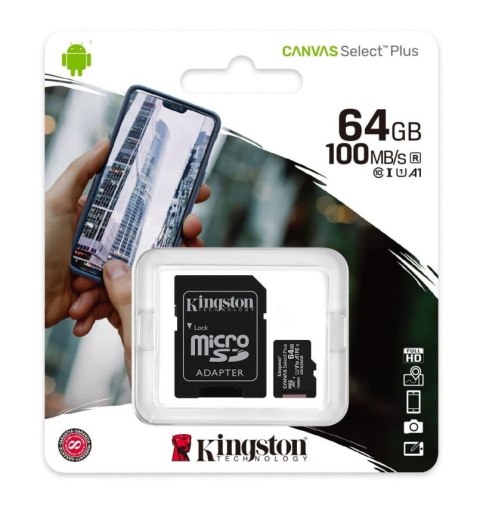 KINGSTON KARTA PAMIĘCI MICROSD 64GB CANvAS SELECT PLUS 100MB/S ADAPTER KINGSTON KARTA PAMIĘCI MICROSD 64GB CANvAS SELECT PLUS 100MB/S ADAPTER