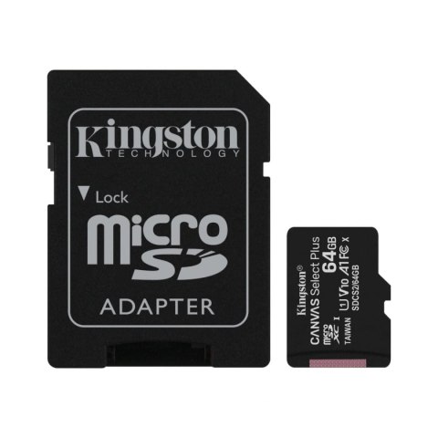 KINGSTON KARTA PAMIĘCI MICROSD 64GB CANvAS SELECT PLUS 100MB/S ADAPTER KINGSTON KARTA PAMIĘCI MICROSD 64GB CANvAS SELECT PLUS 100MB/S ADAPTER