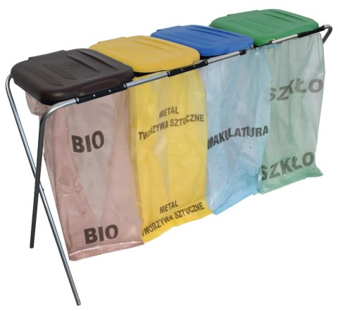 STOJAK DO SEGREGACJI ODPADÓW (4-STANOWISKOWY) NIEBIESKI, ZIELONY, BRĄZOWY, ŻÓŁTY