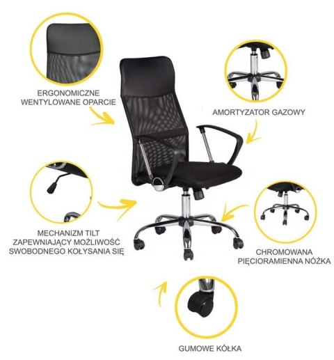 FOTEL BIUROWY OBROTOWY WENTYLOWANY / CZARNY / MESH
