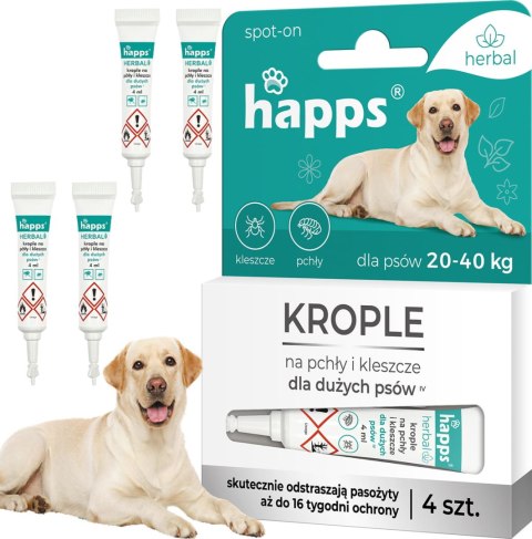 HAPPS HERBAL - KROPLE NA PCHŁY I KLESZCZE DLA DUŻYCH PSÓW 20 - 40KG 4SZT. HAPPS HERBAL - KROPLE NA PCHŁY I KLESZCZE DLA DUŻYCH PSÓW 20 - 40KG 4SZT.