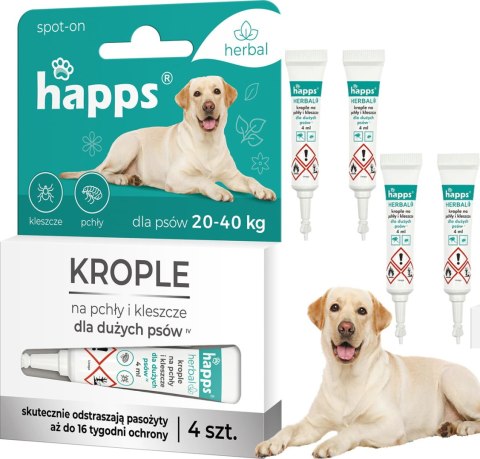 HAPPS HERBAL - KROPLE NA PCHŁY I KLESZCZE DLA DUŻYCH PSÓW 20 - 40KG 4SZT. HAPPS HERBAL - KROPLE NA PCHŁY I KLESZCZE DLA DUŻYCH PSÓW 20 - 40KG 4SZT.