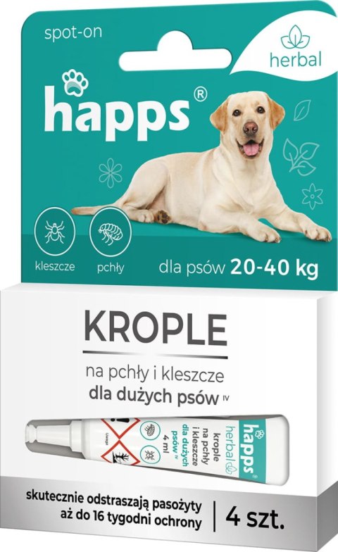 HAPPS HERBAL - KROPLE NA PCHŁY I KLESZCZE DLA DUŻYCH PSÓW 20 - 40KG 4SZT. HAPPS HERBAL - KROPLE NA PCHŁY I KLESZCZE DLA DUŻYCH PSÓW 20 - 40KG 4SZT.