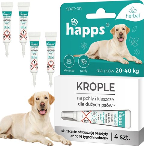 HAPPS HERBAL - KROPLE NA PCHŁY I KLESZCZE DLA DUŻYCH PSÓW 20 - 40KG 4SZT. HAPPS HERBAL - KROPLE NA PCHŁY I KLESZCZE DLA DUŻYCH PSÓW 20 - 40KG 4SZT.
