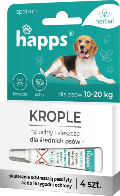 HAPPS HERBAL - KROPLE NA PCHŁY I KLESZCZE DLA ŚREDNICH PSÓW 10 - 20KG 4SZT. HAPPS HERBAL - KROPLE NA PCHŁY I KLESZCZE DLA ŚREDNICH PSÓW 10 - 20KG 4SZT.