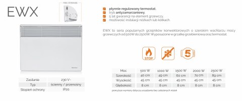 ELEKTRYCZNY GRZEJNIK NAŚCIENNY WARMTEC EWX-2500W ELEKTRYCZNY GRZEJNIK NAŚCIENNY WARMTEC EWX-2500W
