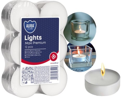 AURA ŚWIECE LIGHTS MAxI PREMIUM 8H 12 SZT. PF35-12S AURA ŚWIECE LIGHTS MAxI PREMIUM 8H 12 SZT. PF35-12S
