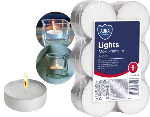 AURA ŚWIECE LIGHTS MAxI PREMIUM 8H 12 SZT. PF35-12S AURA ŚWIECE LIGHTS MAxI PREMIUM 8H 12 SZT. PF35-12S