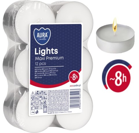 AURA ŚWIECE LIGHTS MAxI PREMIUM 8H 12 SZT. PF35-12S AURA ŚWIECE LIGHTS MAxI PREMIUM 8H 12 SZT. PF35-12S