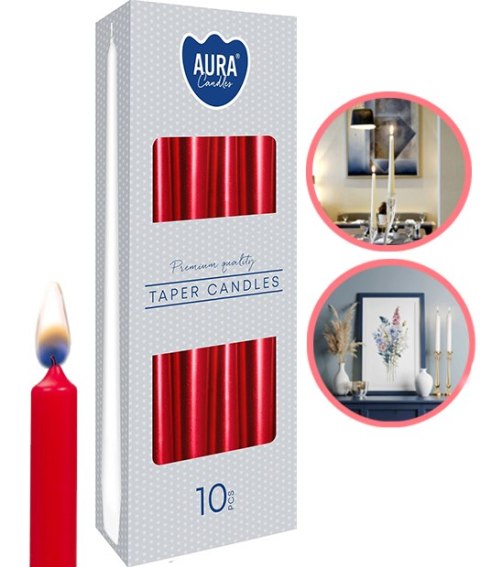 AURA ŚWIECE STOŁOWE STOŻKOWE CZERWONE-METALIK 7H 10 SZT. S30-230