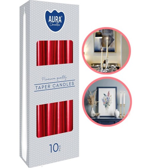 AURA ŚWIECE STOŁOWE STOŻKOWE CZERWONE-METALIK 7H 10 SZT. S30-230 AURA ŚWIECE STOŁOWE STOŻKOWE CZERWONE-METALIK 7H 10 SZT. S30-230