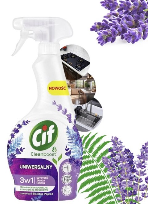 CIF CLEANBOOST UNIWERSALNY 3W1 SPRAY CZYSZCZACY LAWENDA I BŁEKITNA PAPROĆ 500ML CIF CLEANBOOST UNIWERSALNY 3W1 SPRAY CZYSZCZACY LAWENDA I BŁEKITNA PAPROĆ 500ML