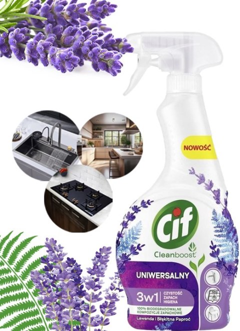CIF CLEANBOOST UNIWERSALNY 3W1 SPRAY CZYSZCZACY LAWENDA I BŁEKITNA PAPROĆ 500ML CIF CLEANBOOST UNIWERSALNY 3W1 SPRAY CZYSZCZACY LAWENDA I BŁEKITNA PAPROĆ 500ML