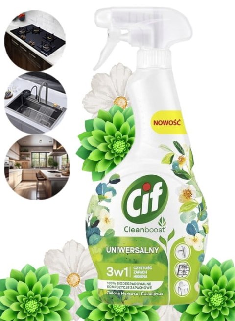 CIF CLEANBOOST UNIWERSALNY 3W1 SPRAY CZYSZCZACY ZIELONA HERBATA I EUKALIPTUS CIF CLEANBOOST UNIWERSALNY 3W1 SPRAY CZYSZCZACY ZIELONA HERBATA I EUKALIPTUS