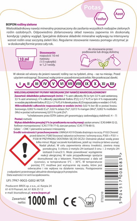 BOPON - Nawóz do roślin zielonych płyn 1L BOPON - Nawóz do roślin zielonych płyn 1L