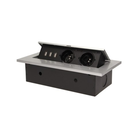 GNIAZDO MEBLOWE W PUSZCZANE W BLAT Z GRUBYM RANTEM, 2x2P+Z, 3 PORTY USB, SREBRNE GNIAZDO MEBLOWE W PUSZCZANE W BLAT Z GRUBYM RANTEM, 2x2P+Z, 3 PORTY USB, SREBRNE