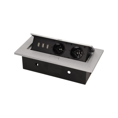 GNIAZDO MEBLOWE W PUSZCZANE W BLAT Z GRUBYM RANTEM, 2x2P+Z, 3 PORTY USB, SREBRNE GNIAZDO MEBLOWE W PUSZCZANE W BLAT Z GRUBYM RANTEM, 2x2P+Z, 3 PORTY USB, SREBRNE