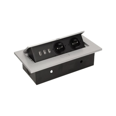GNIAZDO MEBLOWE W PUSZCZANE W BLAT Z GRUBYM RANTEM, 2x2P+Z, 3 PORTY USB, SREBRNE GNIAZDO MEBLOWE W PUSZCZANE W BLAT Z GRUBYM RANTEM, 2x2P+Z, 3 PORTY USB, SREBRNE