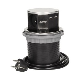 GNIAZDO MEBLOWE ?10CM WYSUWANE Z BLATU Z ŁADOWARKĄ USB I  PRZEWODEM 1,5M, 3x2P+Z, 2xUSB, INOX