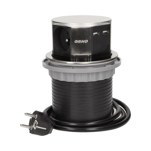GNIAZDO MEBLOWE ?10CM WYSUWANE Z BLATU Z ŁADOWARKĄ USB I PRZEWODEM 1,5M, 3x2P+Z, 2xUSB, INOX GNIAZDO MEBLOWE ?10CM WYSUWANE Z BLATU Z ŁADOWARKĄ USB I PRZEWODEM 1,5M, 3x2P+Z, 2xUSB, INOX