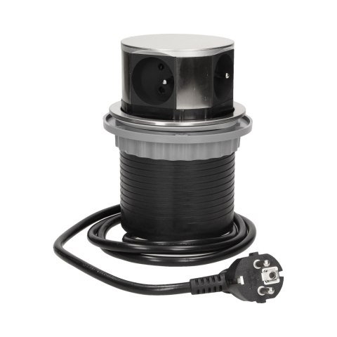 GNIAZDO MEBLOWE ?10CM WYSUWANE Z BLATU Z ŁADOWARKĄ USB I PRZEWODEM 1,5M, 3x2P+Z, 2xUSB, INOX GNIAZDO MEBLOWE ?10CM WYSUWANE Z BLATU Z ŁADOWARKĄ USB I PRZEWODEM 1,5M, 3x2P+Z, 2xUSB, INOX
