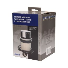GNIAZDO MEBLOWE ?10CM WYSUWANE Z BLATU Z ŁADOWARKĄ USB I  PRZEWODEM 1,5M, 3x2P+Z, 2xUSB
