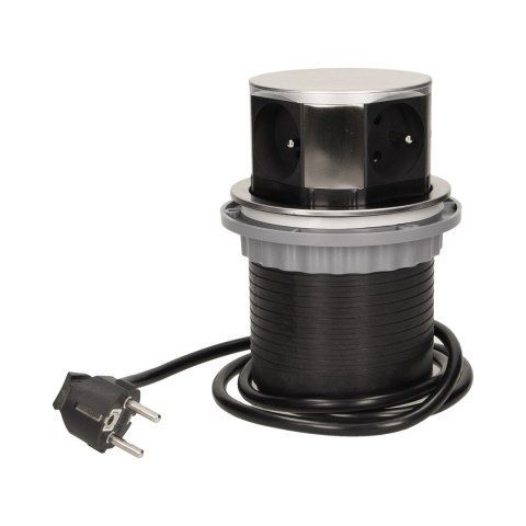 GNIAZDO MEBLOWE ?10CM WYSUWANE Z BLATU Z PRZEWODEM 1,5M, 4x2P+Z, INOX GNIAZDO MEBLOWE ?10CM WYSUWANE Z BLATU Z PRZEWODEM 1,5M, 4x2P+Z, INOX