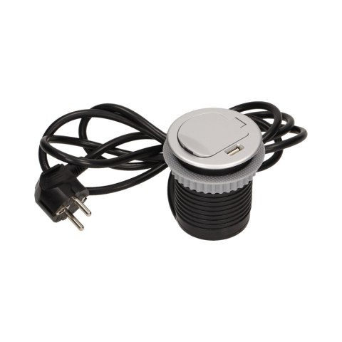 GNIAZDO MEBLOWE ?6CM W PUSZCZANE W BLAT Z POKRYWKĄ, ŁADOWARKĄ USB I PRZEWODEM 1,8M, 1x2P+Z, 1xUSB GNIAZDO MEBLOWE ?6CM W PUSZCZANE W BLAT Z POKRYWKĄ, ŁADOWARKĄ USB I PRZEWODEM 1,8M, 1x2P+Z, 1xUSB