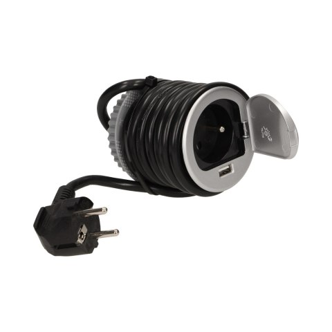 GNIAZDO MEBLOWE ?6CM W PUSZCZANE W BLAT Z POKRYWKĄ, ŁADOWARKĄ USB I PRZEWODEM 1,8M, 1x2P+Z, 1xUSB GNIAZDO MEBLOWE ?6CM W PUSZCZANE W BLAT Z POKRYWKĄ, ŁADOWARKĄ USB I PRZEWODEM 1,8M, 1x2P+Z, 1xUSB