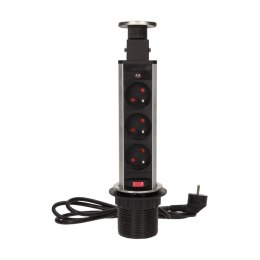 GNIAZDO MEBLOWE ?6CM WYSUWANE Z BLATU Z BLOKADĄ I  PRZEWODEM 1,8M, 3x2P+Z, INOX