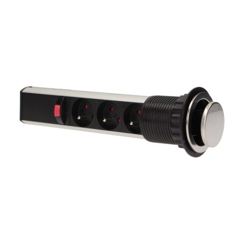 GNIAZDO MEBLOWE ?6CM WYSUWANE Z BLATU Z BLOKADĄ I PRZEWODEM 1,8M, 3x2P+Z, INOX GNIAZDO MEBLOWE ?6CM WYSUWANE Z BLATU Z BLOKADĄ I PRZEWODEM 1,8M, 3x2P+Z, INOX