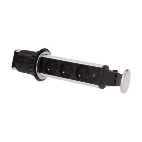 GNIAZDO MEBLOWE ?6CM WYSUWANE Z BLATU Z BLOKADĄ I PRZEWODEM 1,8M, 3x2P+Z, INOX GNIAZDO MEBLOWE ?6CM WYSUWANE Z BLATU Z BLOKADĄ I PRZEWODEM 1,8M, 3x2P+Z, INOX