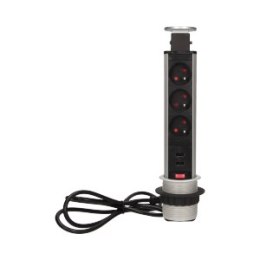 GNIAZDO MEBLOWE ?6CM WYSUWANE Z BLATU Z ŁADOWARKĄ USB, BLOKADĄ I  PRZEWODEM 1,8M, 3x2P+Z