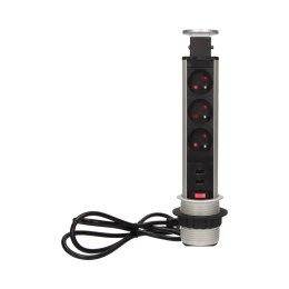 GNIAZDO MEBLOWE ?6CM WYSUWANE Z BLATU Z ŁADOWARKĄ USB, BLOKADĄ I  PRZEWODEM 1,8M, 3x2P+Z