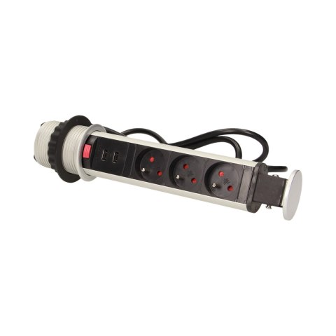 GNIAZDO MEBLOWE ?6CM WYSUWANE Z BLATU Z ŁADOWARKĄ USB, BLOKADĄ I PRZEWODEM 1,8M, 3x2P+Z GNIAZDO MEBLOWE ?6CM WYSUWANE Z BLATU Z ŁADOWARKĄ USB, BLOKADĄ I PRZEWODEM 1,8M, 3x2P+Z