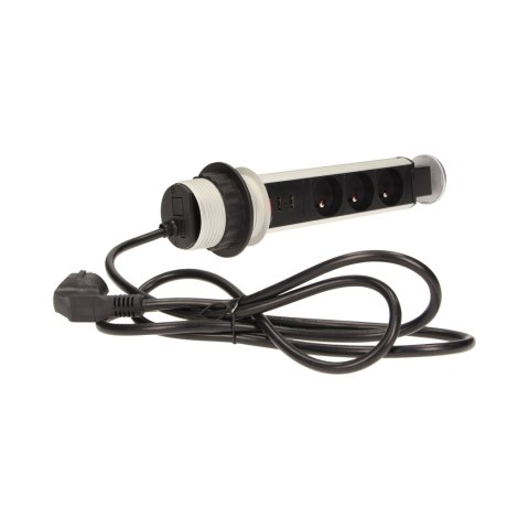 GNIAZDO MEBLOWE ?6CM WYSUWANE Z BLATU Z ŁADOWARKĄ USB, BLOKADĄ I PRZEWODEM 1,8M, 3x2P+Z GNIAZDO MEBLOWE ?6CM WYSUWANE Z BLATU Z ŁADOWARKĄ USB, BLOKADĄ I PRZEWODEM 1,8M, 3x2P+Z