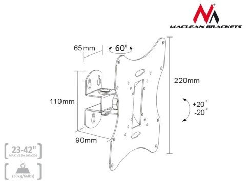 UCHWYT DO TELEWIZORA LUB MONITORA MACLEAN, UNIWERSALNY, MAx VESA 200x200, 23-50" 30KG, SREBRNY, MC-501A S UCHWYT DO TELEWIZORA LUB MONITORA MACLEAN, UNIWERSALNY, MAx VESA 200x200, 23-50" 30KG, SREBRNY, MC-501A S