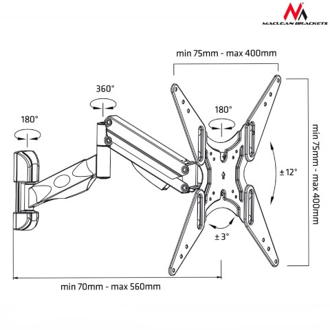UCHWYT DO TV MACLEAN, DO TELEWIZORA LUB MONITORA, GAZOWA S PRĘŻYNA, 2 RAMIONA, REGULACJA WYSOKOŚCI 25CM, 32"-55", 22KG, CZARNY, M UCHWYT DO TV MACLEAN, DO TELEWIZORA LUB MONITORA, GAZOWA S PRĘŻYNA, 2 RAMIONA, REGULACJA WYSOKOŚCI 25CM, 32"-55", 22KG, CZARNY, M