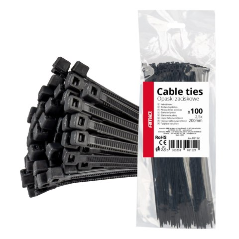 TAŚMY O PASKI ZACISKOWE KABLOWE CZARNE 2,5x200MM - 100 SZT. AMIO-02152 TAŚMY O PASKI ZACISKOWE KABLOWE CZARNE 2,5x200MM - 100 SZT. AMIO-02152