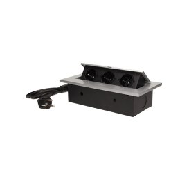 GNIAZDO MEBLOWE W PUSZCZANE W BLAT Z GRUBYM RANTEM 3x2P+Z,  PRZEWÓD 1,5M 3x1,5MM?, SREBRNE
